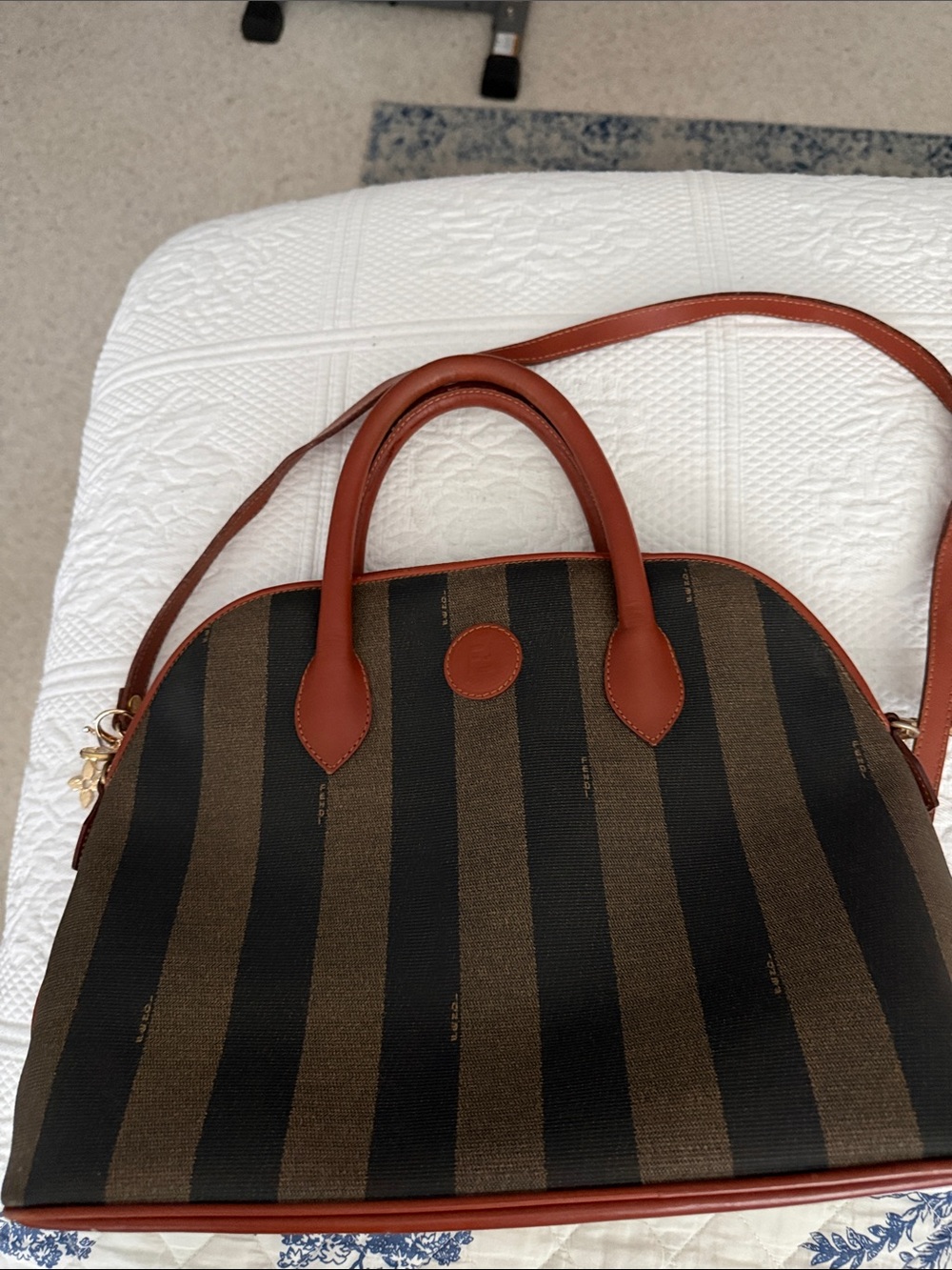 Fendi Women’s Striped Dome Satchel in Brown and Black with Tan Handles